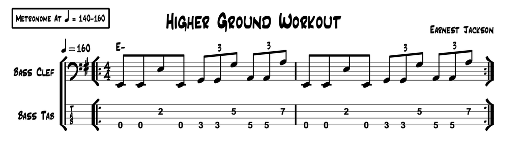 Higher Ground Workout Higher Ground Workout bass etude, first two bars in E minor, bass clef and bass tab, metronome 140 to 160 BPM